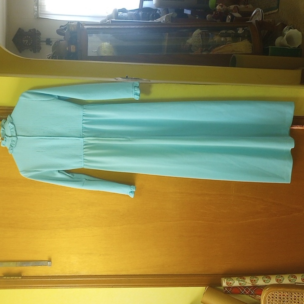 Vtg Size 9 Modest Full Length Blue Dress w/ High Collar, Long Sleeves & Ruffle - Picture 3 of 6